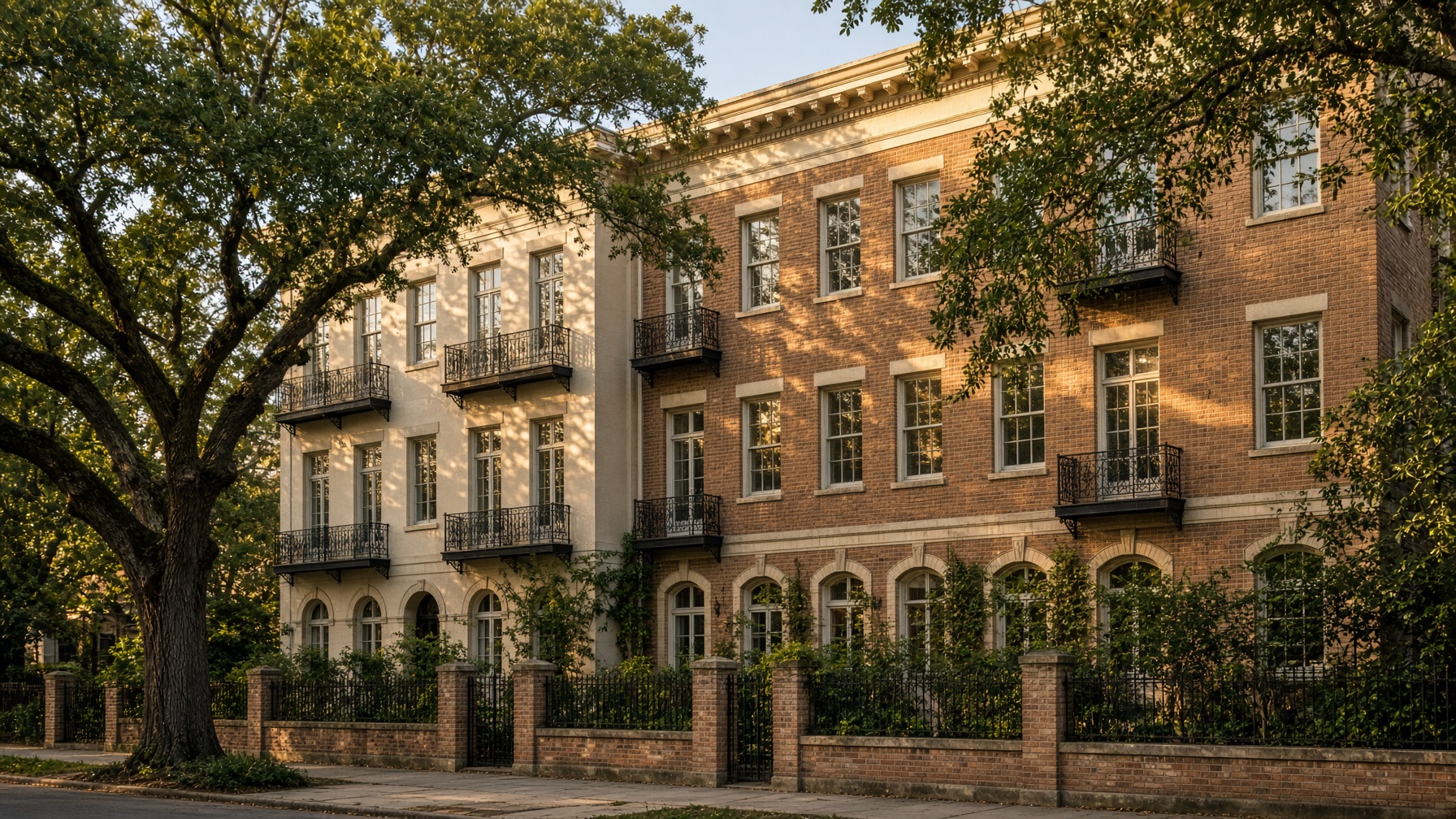 Historic Texas multifamily courtyard at golden hour